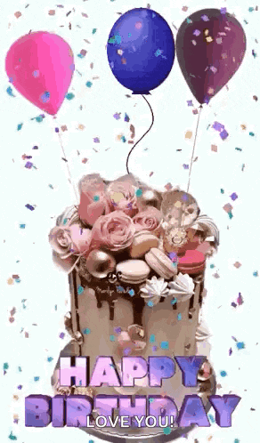 a birthday cake with balloons and confetti on it and the words `` happy birthday love you '' written on it .