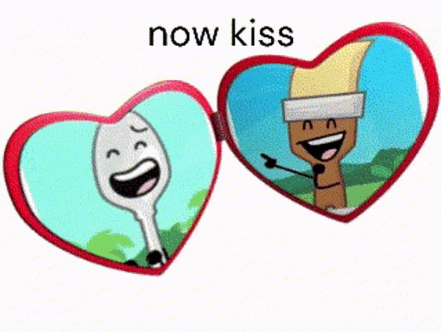 a picture of a spoon and a brush in a heart shaped frame says now kiss