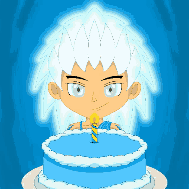 a cartoon of a person blowing out a candle on a cake