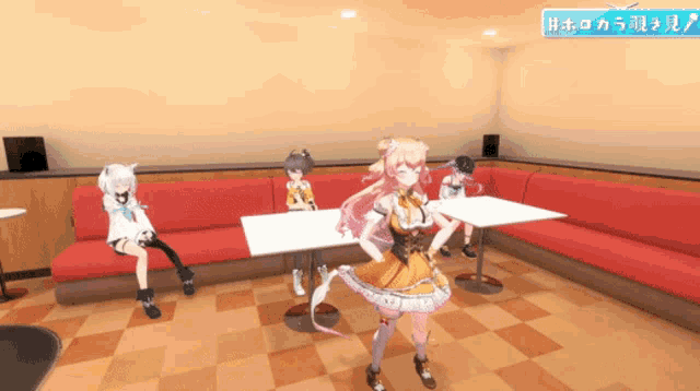 a group of anime characters are standing around tables in a room with a sign that says ' a ' on it