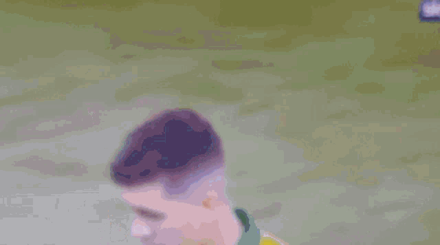 a blurry picture of a man in a yellow shirt with a green collar .