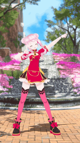 a girl with pink hair is standing in front of a waterfall