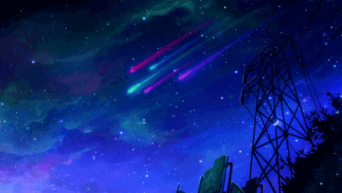 a painting of a night sky with stars and a power tower