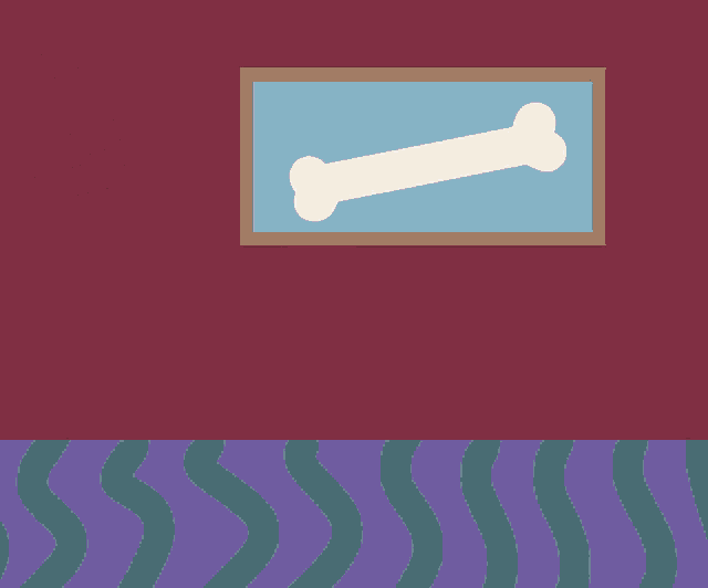 a cartoon of a skeleton using a vacuum cleaner with a picture of a bone in the background