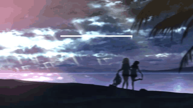 a couple of people standing on a beach with a purple sky in the background