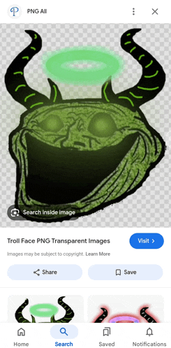 a troll face with horns and a green halo on it