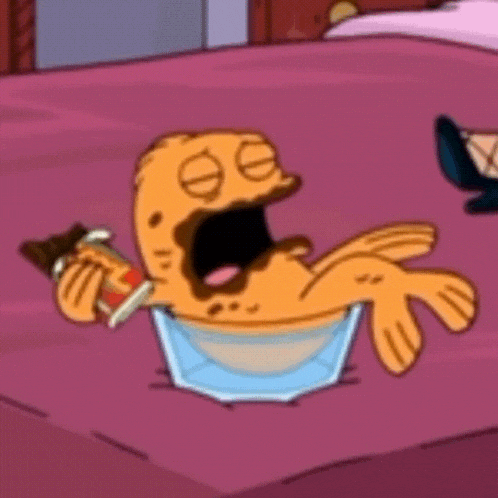 a cartoon character is laying on a bed holding a bottle of soda