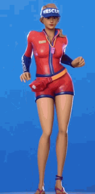 a woman in a lifeguard outfit is standing in front of a blue wall .