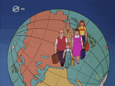 a cartoon of a family walking around a globe with m5 written on the bottom