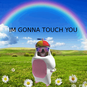 a hamster in a unicorn costume is standing in a field with a rainbow in the background