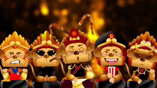 a group of monkeys are sitting next to each other with the number 6 on their hats