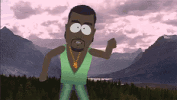 a cartoon character is standing in front of a mountain range .