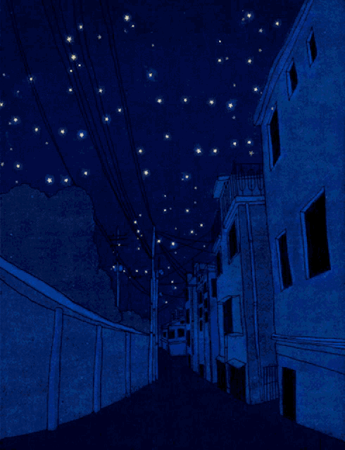 a drawing of a street at night with lots of lights