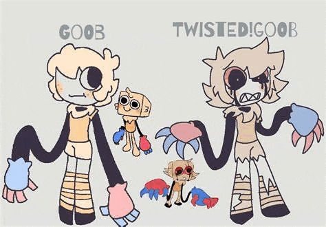 a drawing of two cartoon characters , goob and twisted ! goob .