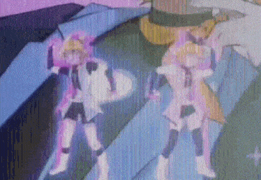 a couple of cartoon characters standing next to each other on a blue surface .