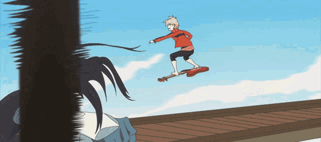 a cartoon of a person riding a skateboard on a bridge
