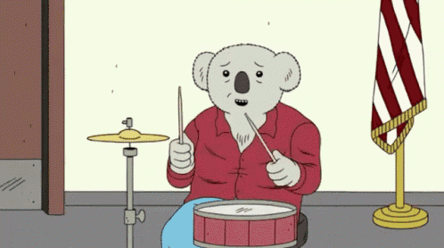 a cartoon koala is playing a drum set in front of an american flag