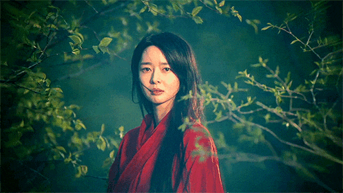 a woman in a red robe stands in the woods