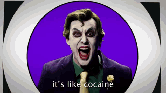 a joker says it 's like cocaine in front of a purple background