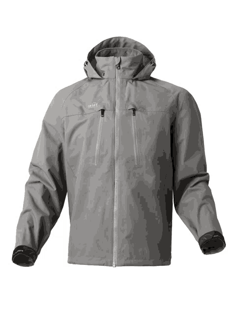 a grey jacket with a hood and the word ridge on the front