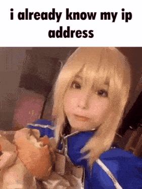 a girl in a cosplay costume is eating a sandwich .