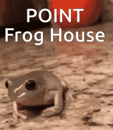 a frog is crawling on the ground with the words point frog house below it