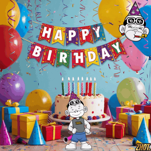 a happy birthday banner hangs above a cake