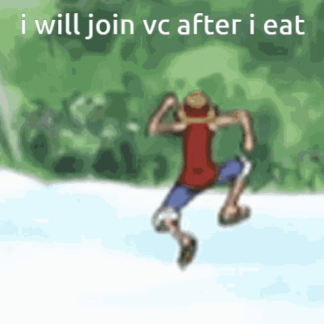 monkey d luffy is jumping in the air with the words i will join vc after i eat