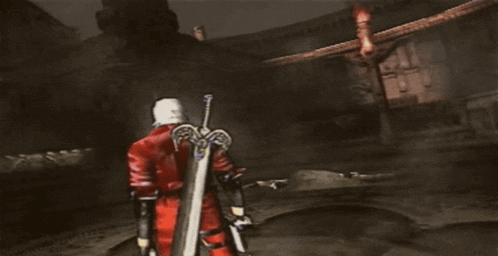 a video game character is holding a sword with the letter u on it