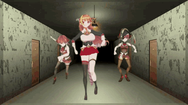 three anime girls are dancing in a hallway with doors