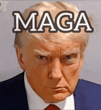 a close up of donald trump with the word maga above him