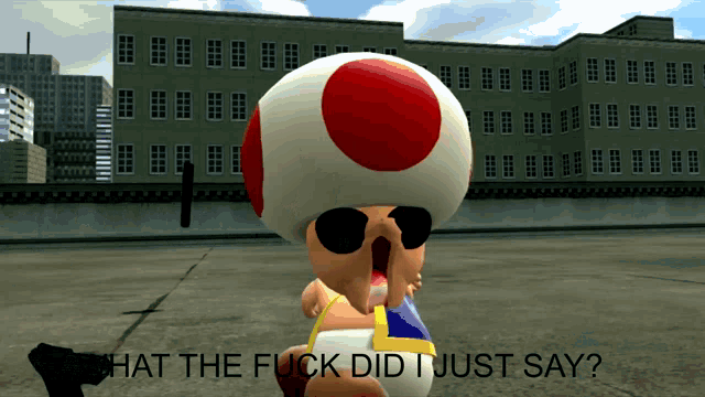 a cartoon toad with sunglasses and a red and white circle on his head says " what the fuck did i just say "