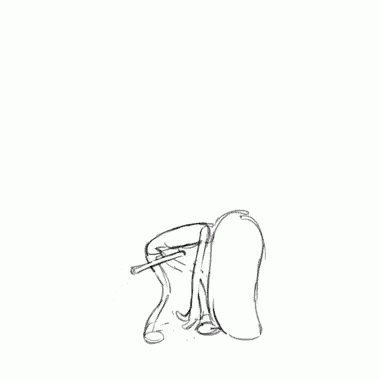 a black and white drawing of a cartoon character jumping in the air with a cigarette in his mouth .