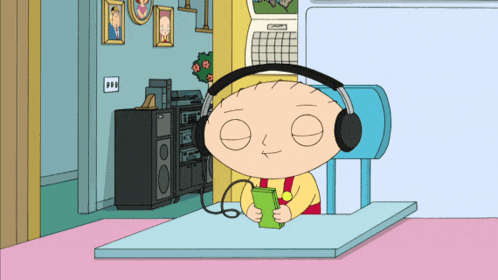 a cartoon character wearing headphones holds a cell phone
