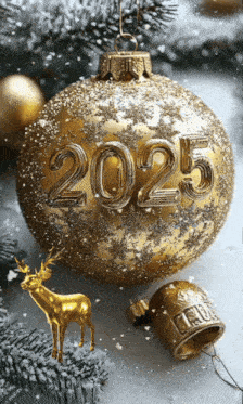 a golden christmas ornament with the year 2025 on it