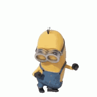 a yellow minion wearing overalls and goggles is dancing .