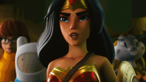 a cartoon wonder woman stands in front of a yellow scooby doo character