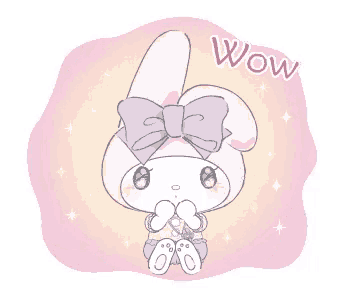 a drawing of a bunny with a bow and the word wow on the bottom