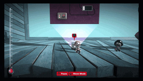 a video game shows a pause and hover mode button