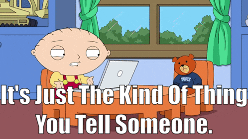 a cartoon of stewie sitting at a table with a laptop and a teddy bear that says twfs