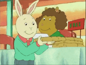 two cartoon characters are standing in front of a table with a sign that says free
