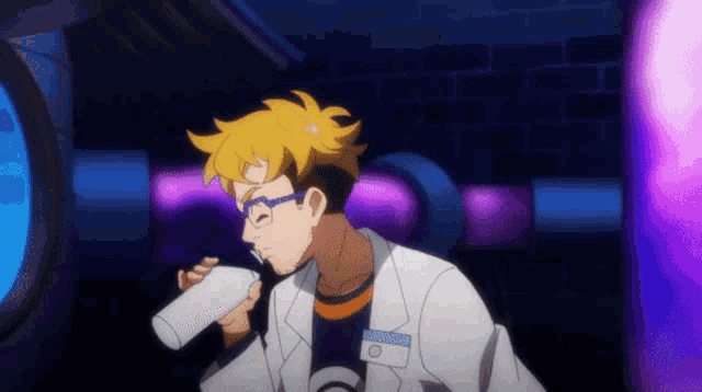 a man in a lab coat is drinking from a white container