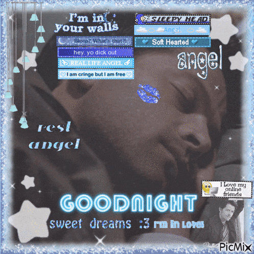 a picture of a man sleeping with the words goodnight sweet dreams on it