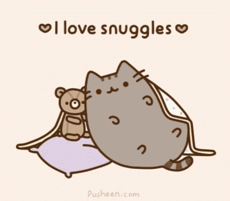 a cartoon of a cat laying on a pillow with a teddy bear under a blanket .