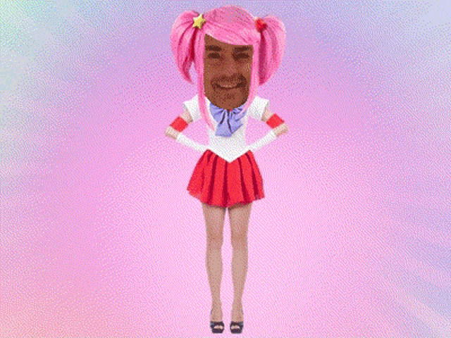 a man dressed as a girl with pink hair and gloves stands with his arms outstretched