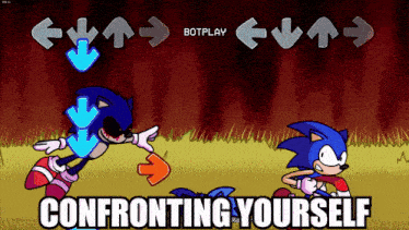 a cartoon of sonic the hedgehog playing a video game with the caption confronting yourself