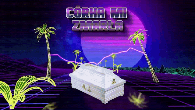 a white coffin is surrounded by palm trees and the words corha mi zmarla