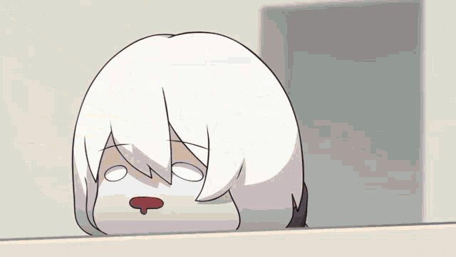a cartoon character with white hair is looking out a window and making a funny face .