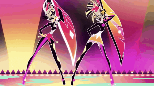 two cartoon characters are dancing together on a stage .