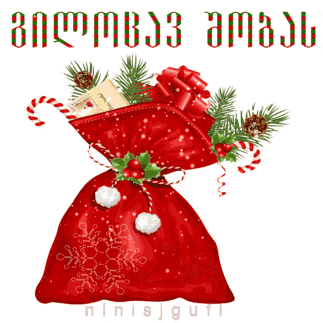 a red christmas bag with candy canes and a gift card in it